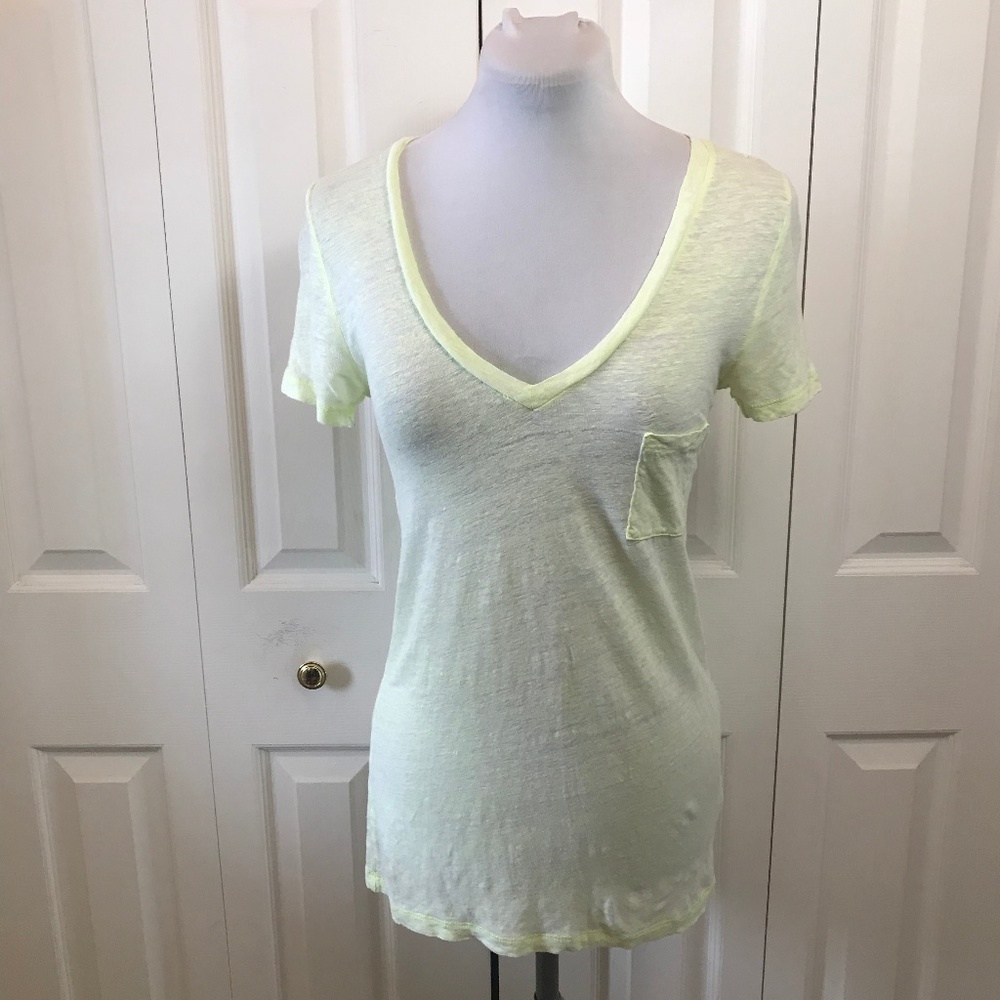 J. Crew 100% Linen Yellow V Neck S/S Tee Shirt XXS